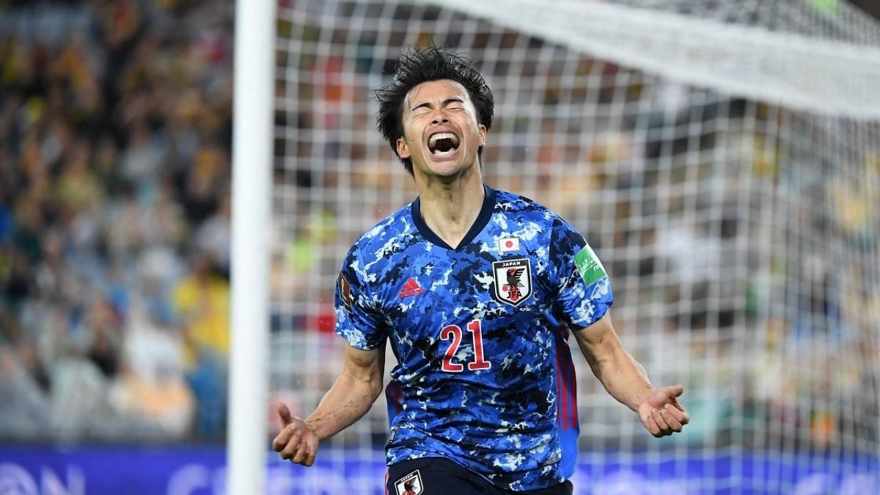 Japan's Kaoru Mitoma celebrates after scoring during the Qatar World Cup 2022 Asian zone Group B qualification football match between Australia and Japan at Stadium Australia in Sydney. Credit: AFP Photo