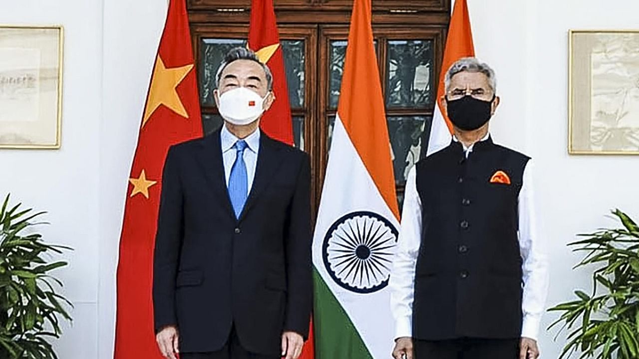 Jaishankar with China's Foreign Minister Wang Yi. Credit: Twitter/ @DrSJaishankar