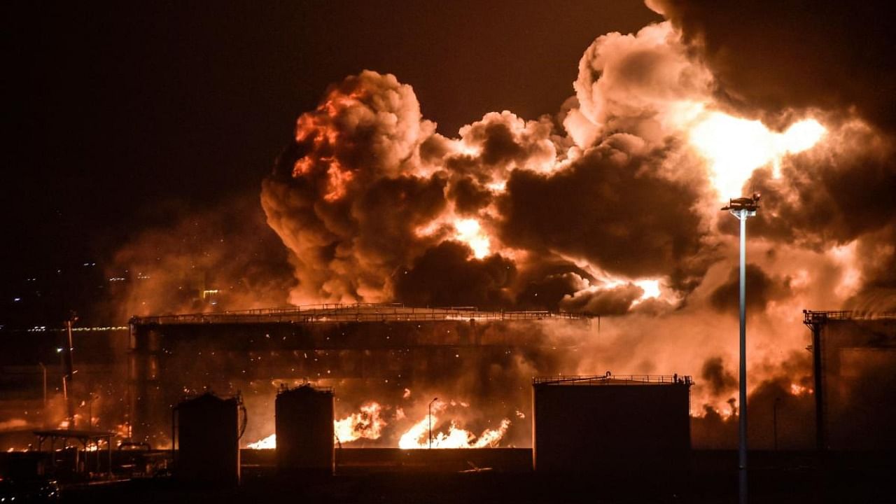 Smoke and flames rise from a Saudi Aramco oil facility in Saudi Arabia's Red Sea coastal city of Jeddah. Credit: AFP Photo