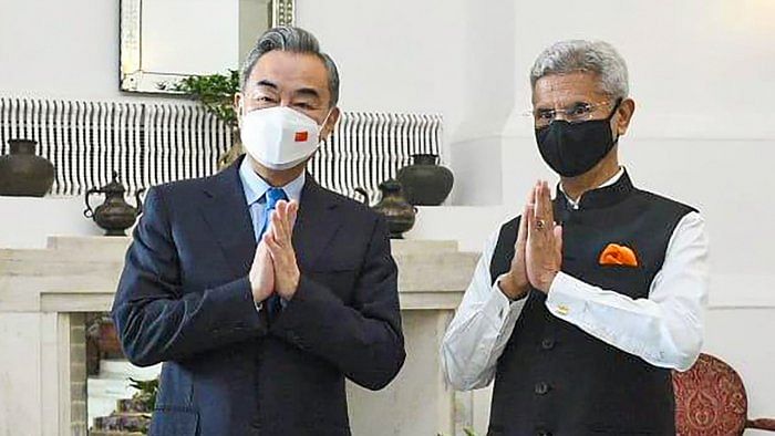 External Affairs Minister S Jaishankar with China's Foreign Minister Wang Yi. Credit: PTI Photo