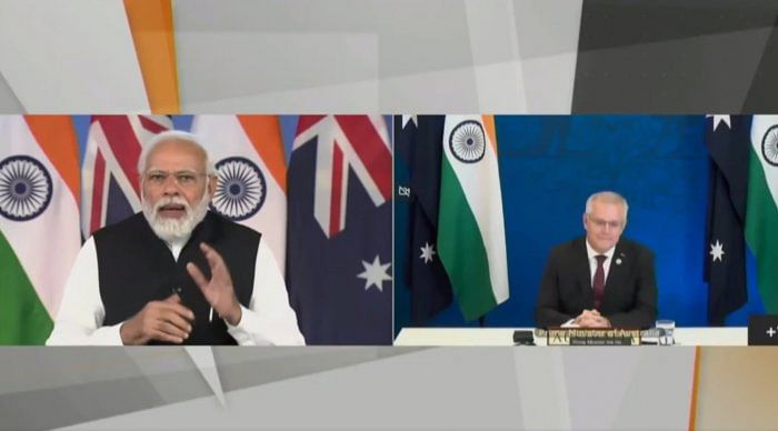 PM Modi in a meeting with Australian counterpart Scott Morrison. Credit: Twitter/@narendramodi