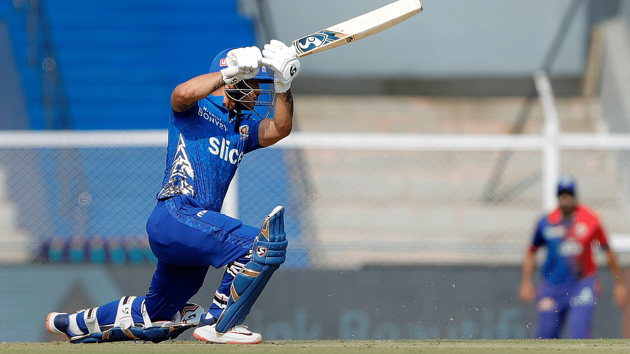 Ishan Kishan of Mumbai Indians hits a boundary, during the second T20 cricket match of the Indian Premier League 2022. Credit: PTI Photo
