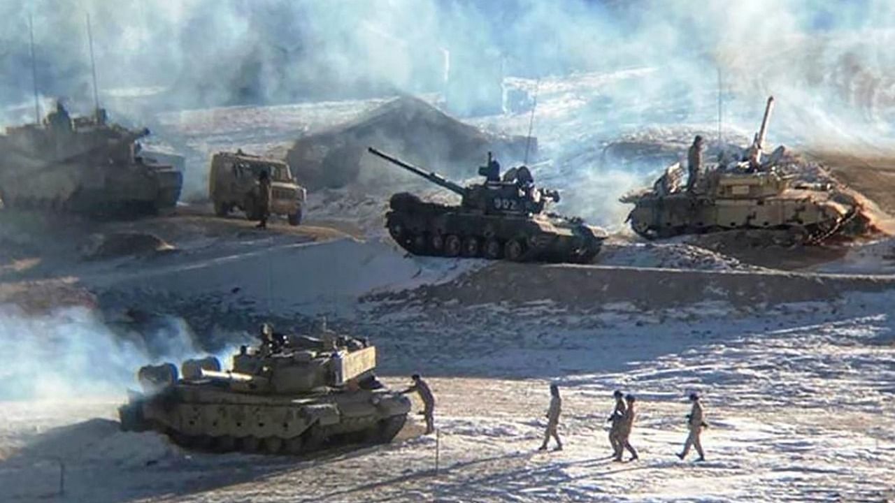 People Liberation Army (PLA) soldiers and tanks during military disengagement along the Line of Actual Control. Credit: AFP File Photo