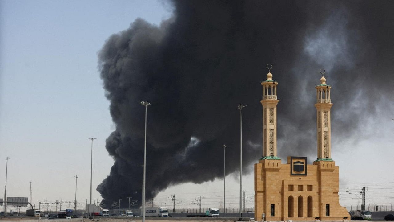 Smoke billows from a Saudi Aramco's petroleum storage facility after an attack in Jeddah. Credit: Reuters Photo