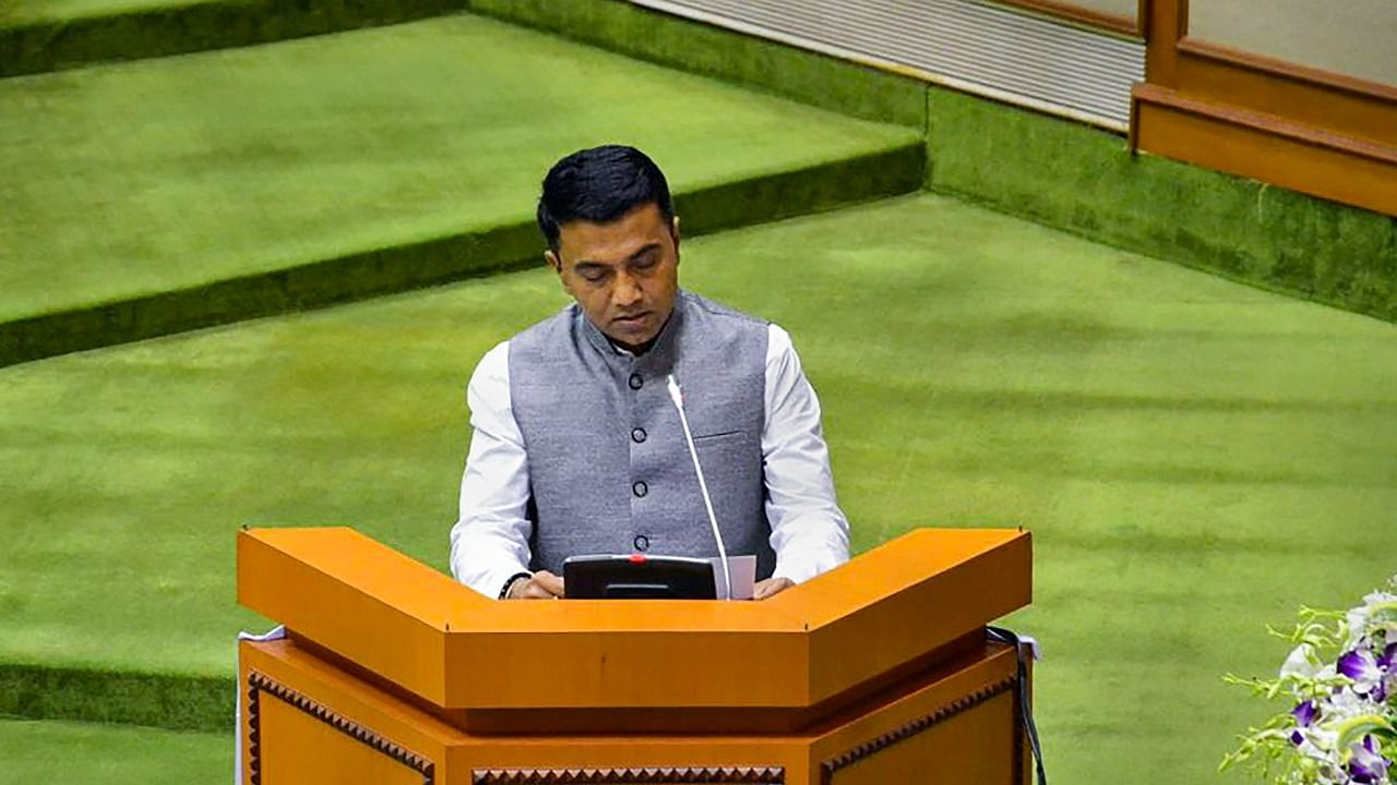BJP leader Pramod Sawant takes oath as a member of the 8th Goa Legislative Assembly at the Assembly Hall, in Porvorim. Credit: PTI Photo