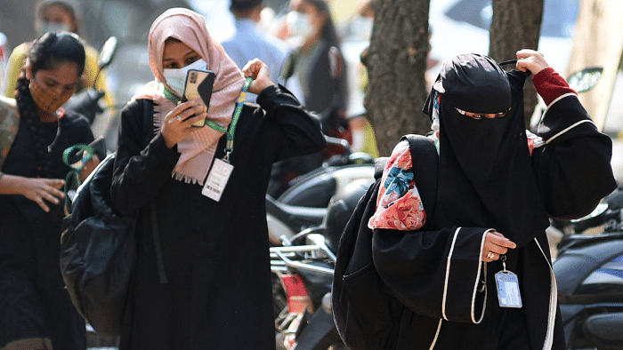 A similar scene was witnessed in a government school in Ilkal town of Bagalkote district where Muslim students were denied entry to write the SSLC board exams. Credit: DH Photo