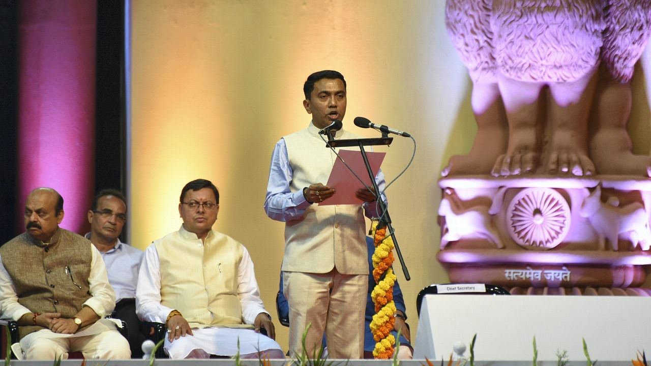 Pramod Sawant being sworn-in as Goa's chief minister for a second straight term, in Panaji. Credit: PTI Photo