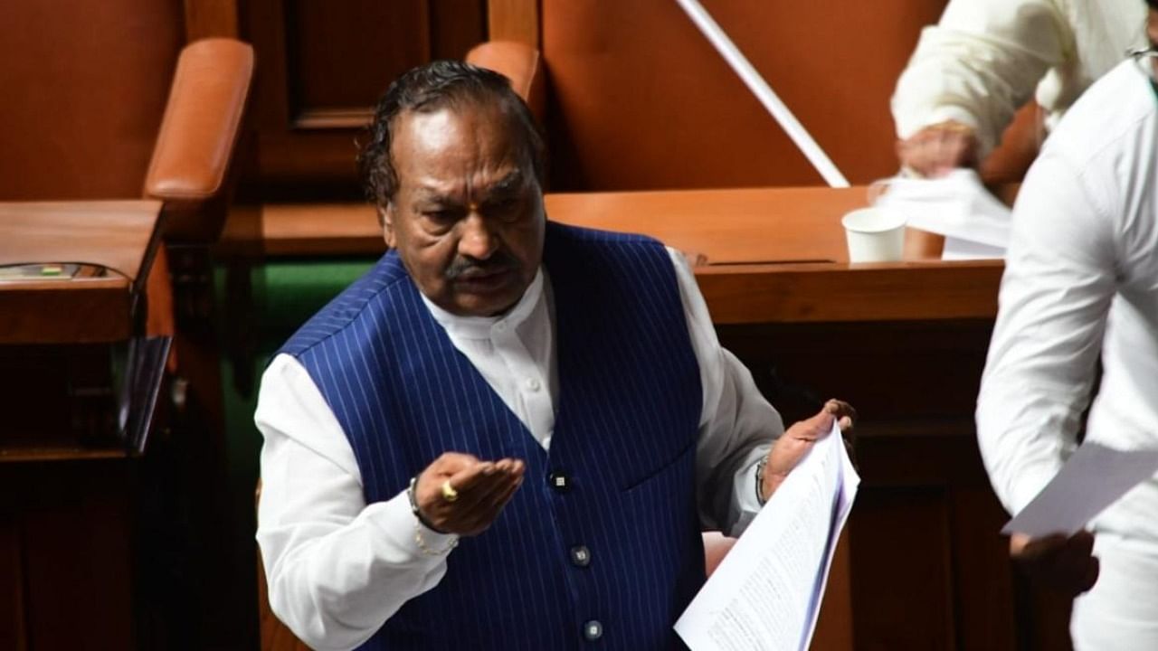Rural Development and Panchayat Raj Minister K S Eshwarappa makes a point in the Legislative Assembly on Monday.