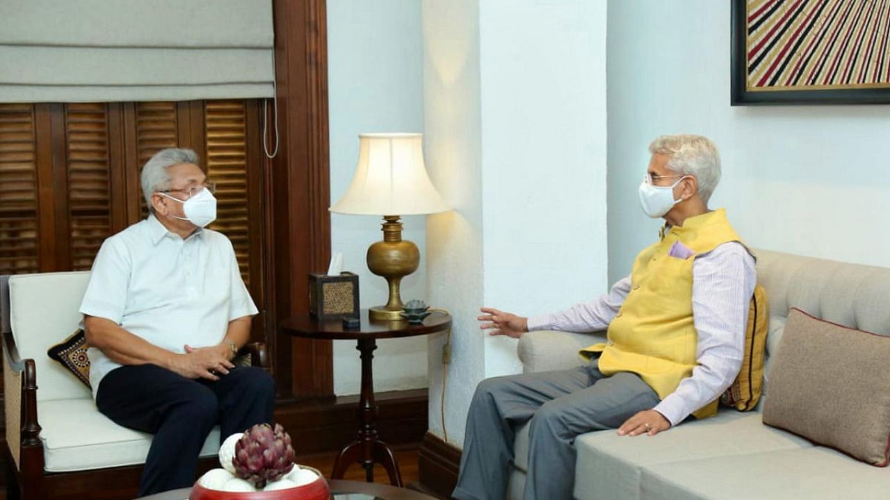 External Affairs Minister S Jaishankar with Sri Lankan President Gotabaya Rajapaksa during a meeting. Credit: Twitter/@DrSJaishankar 