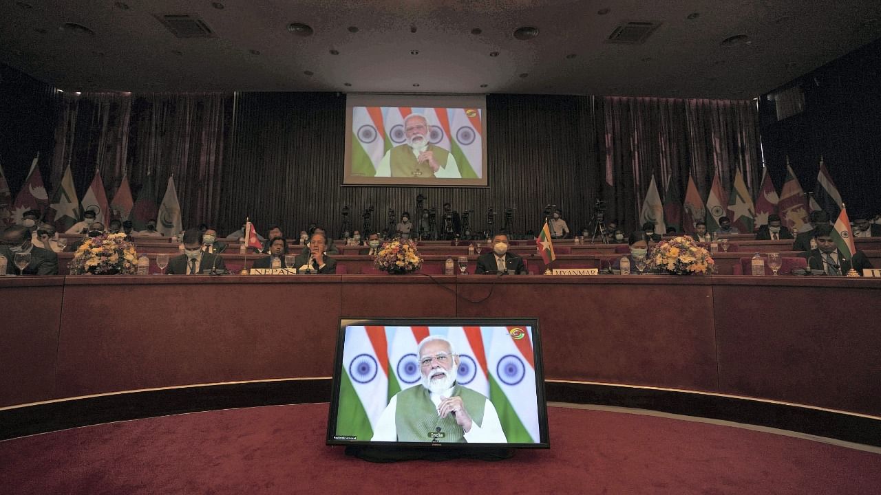 Members listen to a virtual speech by Indian Prime Minister Narendra Modi at the fifth Bay of Bengal Initiative for Multi-Sectoral Technical and Economic Cooperation (BIMSTEC) leader's summit in Colombo. Credit: AP/PTI Photo