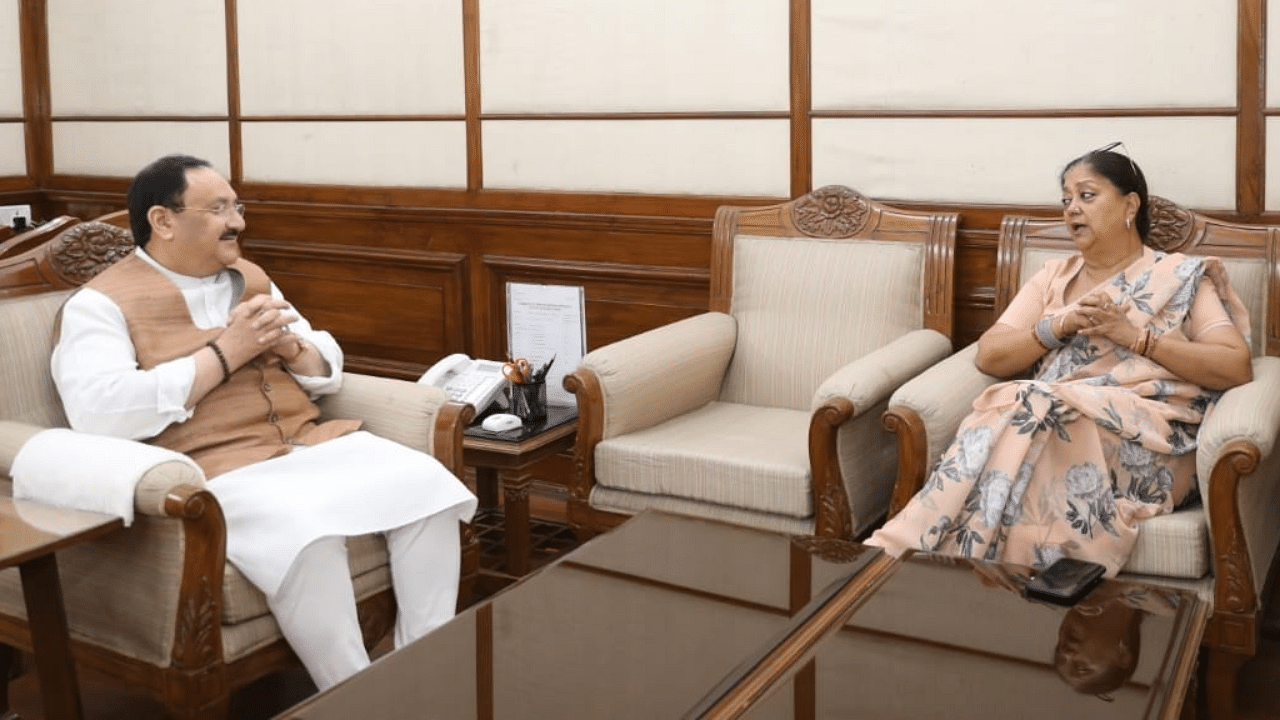 Former Rajasthan Chief Minister and National Vice President of the BJP, Vasundhara Raje on Tuesday met party's National President J P Nadda. Credit: IANS Photo