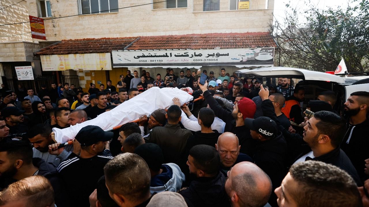 Relatives carry the body of a Palestinian man who was killed by Israeli forces during a raid in Jenin. Credit: Reuters Photo