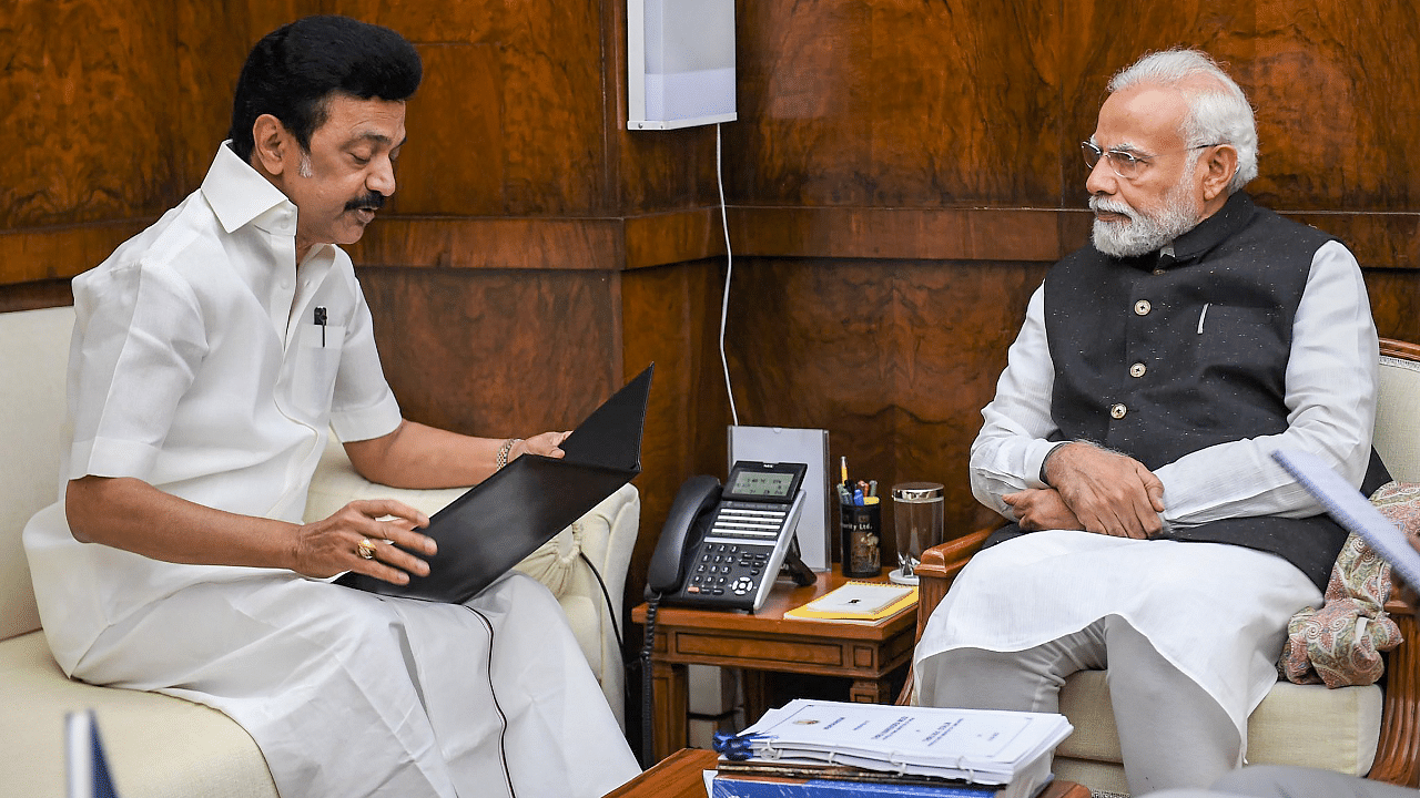 Prime Minister Narendra Modi interacts with Tamil Nadu Chief Minister M. K. Stalin. Credit: PTI Photo