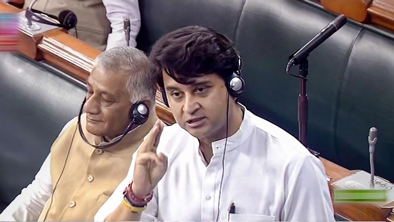 Union Minister for Civil Aviation Jyotiraditya Scindia speaks in the Lok Sabha during the second part of Budget Session of Parliament. Credit: PTI Photo