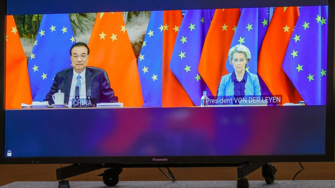 Chinese Premier Li Keqiang and European Commission President Ursula von der Leyen speak during a video-conference with European Council President Charles Michel, and European Union foreign policy chief Josep Borrell during an EU-China summit at the European Council building in Brussels. Credit: Reuters photo