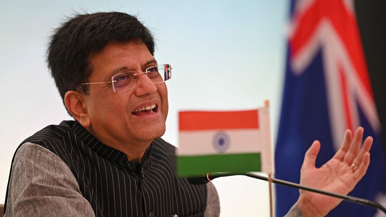 Commerce Minister Piyush Goyal addresses a joint press conference after taking part in the virtual signing ceremony of the India-Australia economic cooperation and trade agreement with Australian Trade Minister Dan Tehan, in New Delhi. Credit: AFP Photo