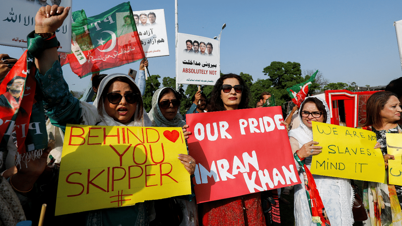 Supporters of the Pakistan Tehreek-e-Insaf, political party, chant slogans accusing the US of plotting to overthrow Pakistani Prime Minister Imran Khan, during a protest in Islamabad. Credit: Reuters Photo