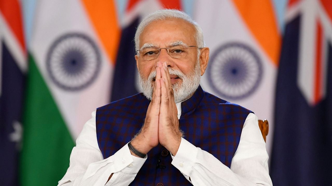 Prime Minister Narendra Modi during the virtual signing ceremony of India-Australia Economic Cooperation and Trade Agreement. Credit: PTI Photo