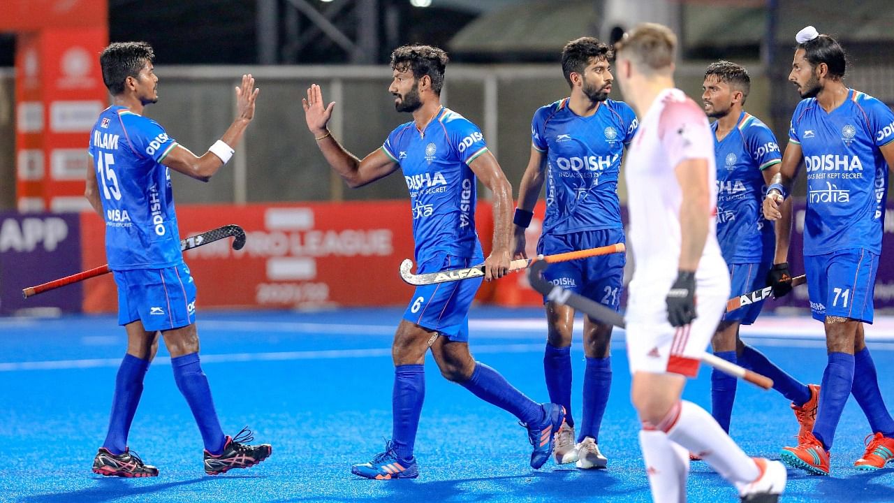 Indian players celebrate after scoring a goal during the Men’s FIH Pro League hockey match between India and England in Bhubaneswar. Credit: PTI Photo