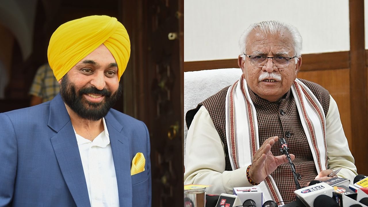 Punjab CM Bhagwant Mann and Haryana CM Manohar Lal Khattar. Credit: PTI Photos