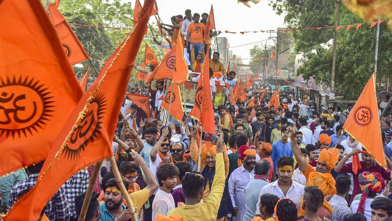 Members of Hindu Jagran Manch during a procession on the occasion of Hindu New Year, in Bikaner. Credit: PTI Photo