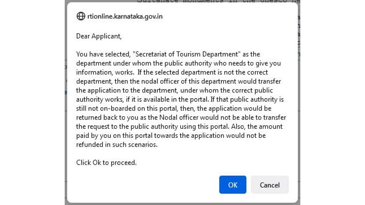 Message displayed to applicants applying for information under RTI Act. Credit: DH Photo