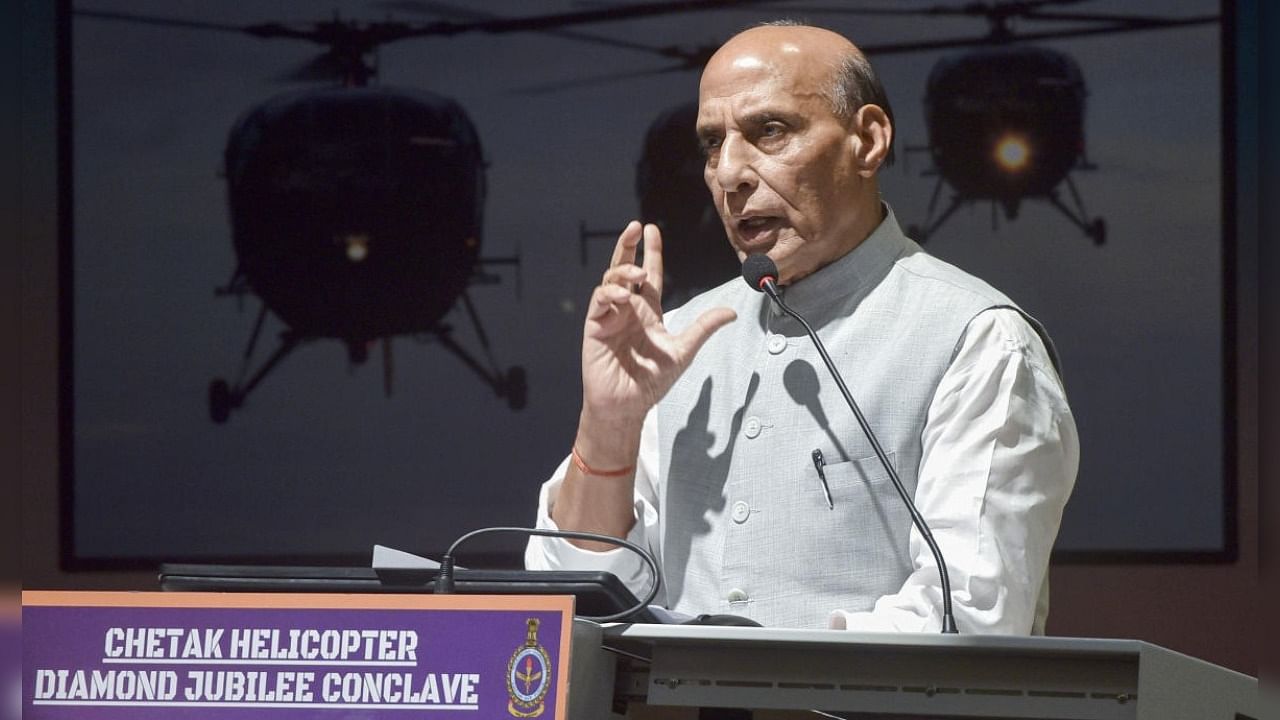 Hyderabad: Defence Minister Rajnath Singh addresses the conclave organised to commemorate the 60 years of service of the Indian Air Force's Chetak helicopter, at National Industrial Security Academy (NISA) Hakimpet, in Hyderabad. Credit: PTI