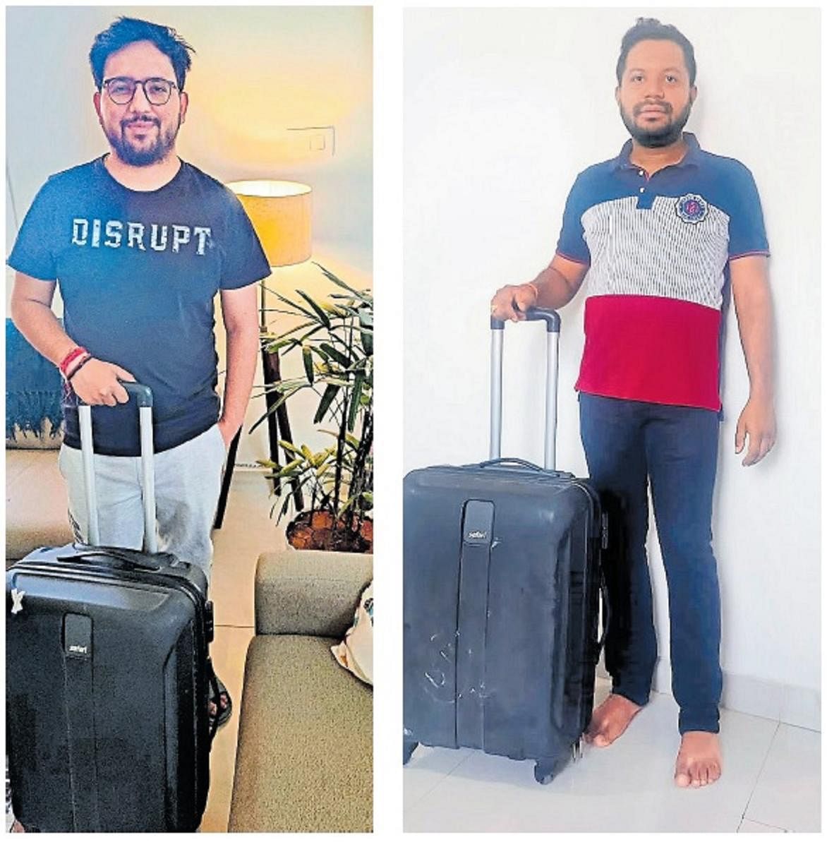 Nandan Kumar (left) and Raj Shekhar with their identical-looking trolley bags that got swapped at the Kempegowda International Airport.