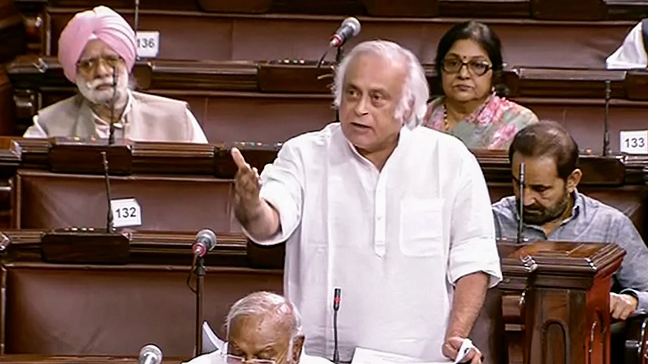 Congress MP Jairam Ramesh speaks in the Rajya Sabha during the second part of Budget Session of Parliament. Credit: PTI Photo