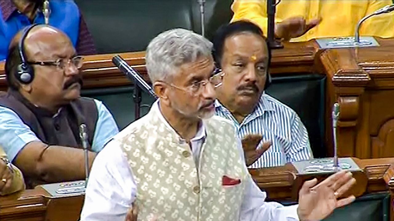 External Affairs Minister S Jaishankar speaks in the Lok Sabha during the second part of Budget Session of Parliament. Credit: PTI Photo