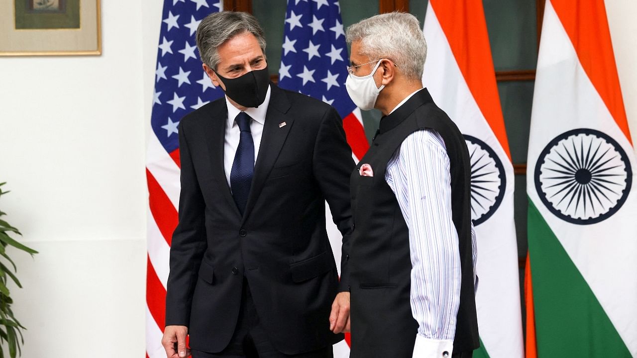 India's Minister of External Affairs Subrahmanyam Jaishankar (R) welcomes U.S. Secretary of State Antony Blinken. Credit: AFP Photo