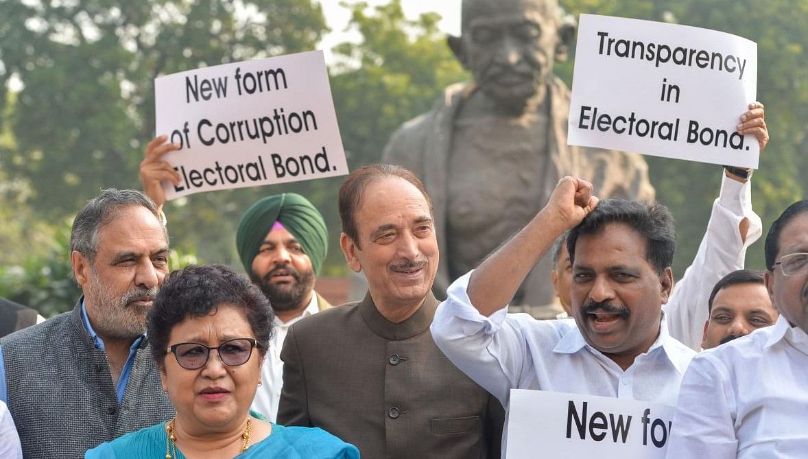 <div class="paragraphs"><p>INC leaders protesting over lack of transparency in Electoral Bonds.</p></div>