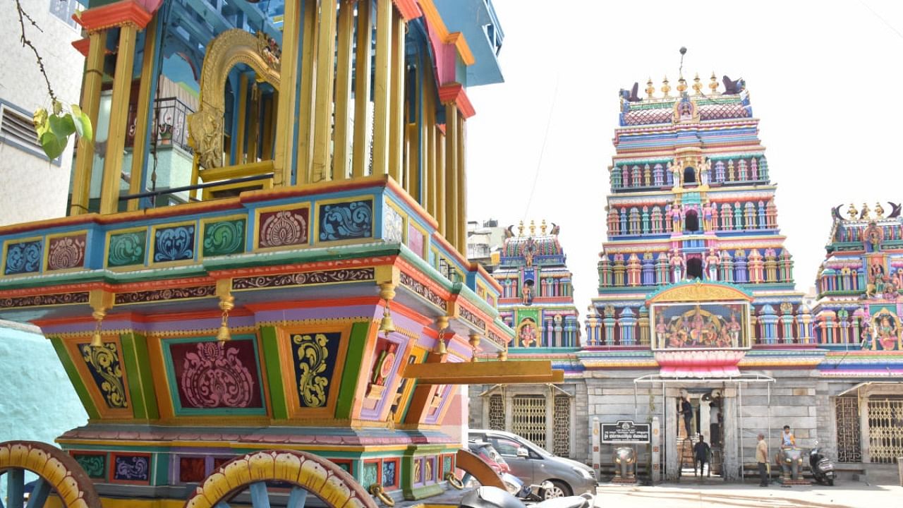 A view of the Sree Dharmaraya Swamy temple at Nagarthapet in the city where the festival will be held. It will start on Friday and conclude on April 16. Credit: DH Photo