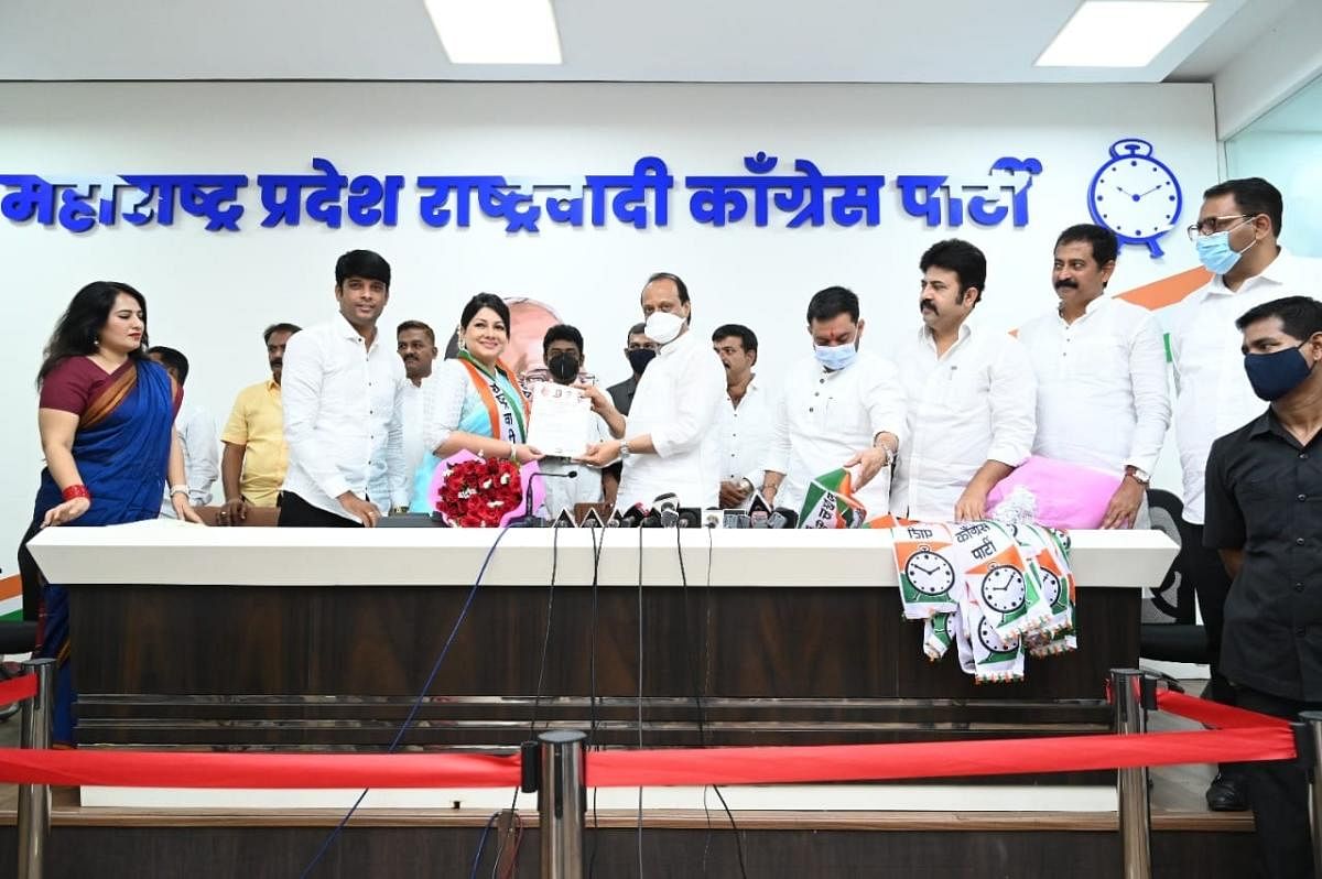 Well-known actresses ASAWARI JOSHI and SWAGATA SHAH joined Nationalist Congress Party in presence of Dy.CM Ajit Pawar and others. Credit: IANS Photo