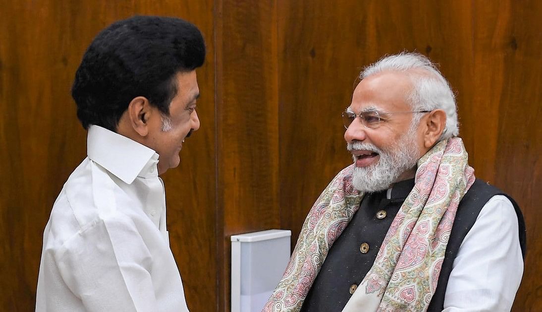 PM Modi with M K Stalin in Delhi. Credit: PTI