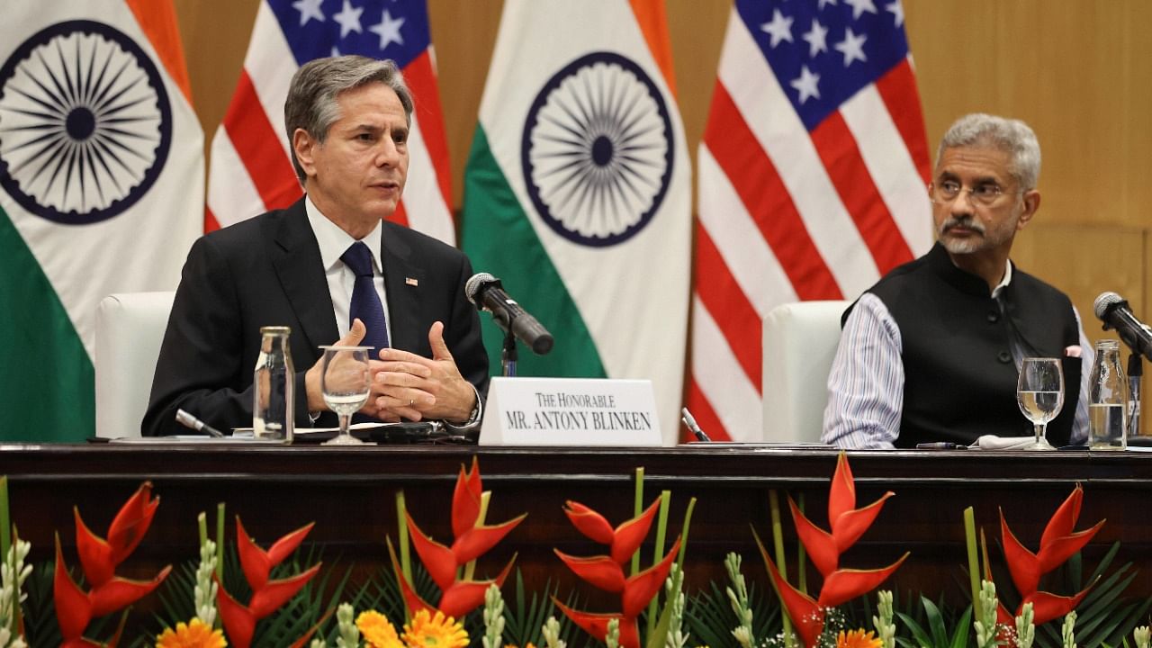 India's Minister of External Affairs Subrahmanyam Jaishankar (R) with US Secretary of State Antony Blinken. Credit: AP/PTI Photo