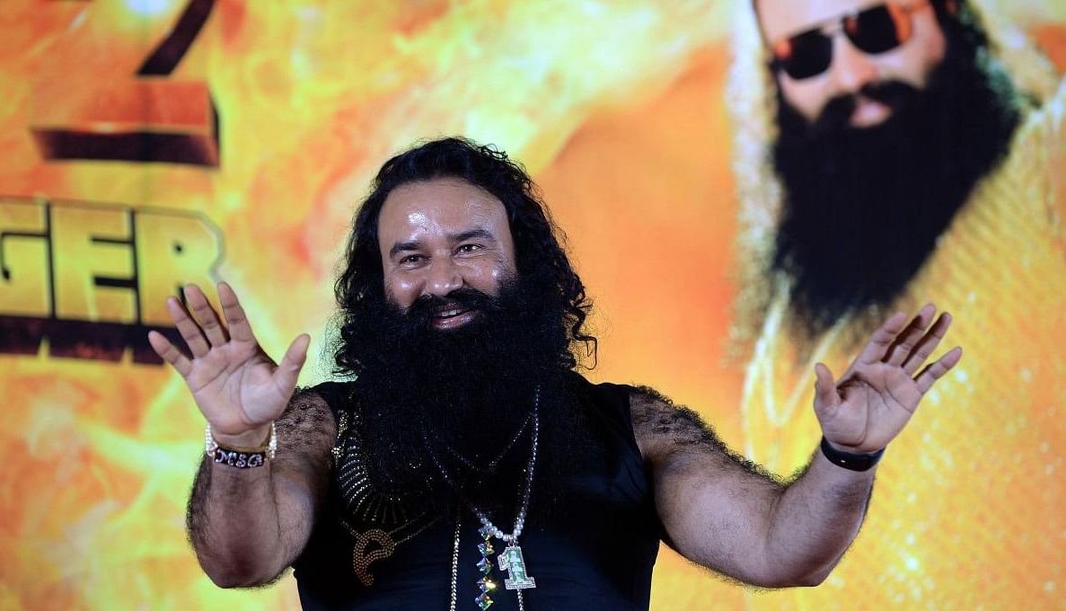 This file photo taken on September 8, 2015 shows Indian chief of the religious sect Dera Sacha Sauda (DSS) Gurmeet Ram Rahim Singh at a news conference to launch the score for his film 'MSG-2 The Messenger' in Mumbai. Credit: AFP