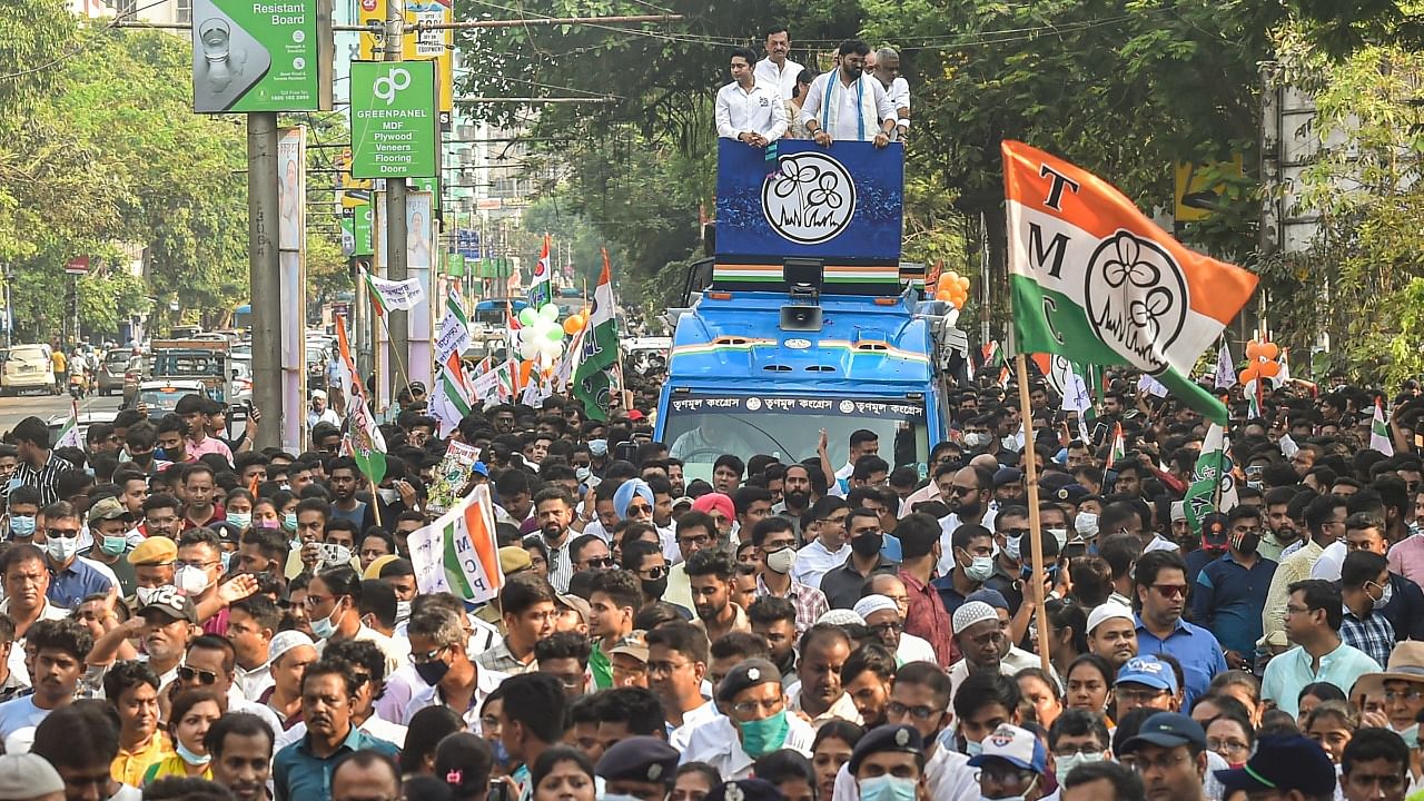 TMC's Abhishek Banerjee participates during an election campaign in support of Babul Supriyo for the upcoming Ballygunge Assembly by-polls, in Kolkata. Credit: PTI File Photo