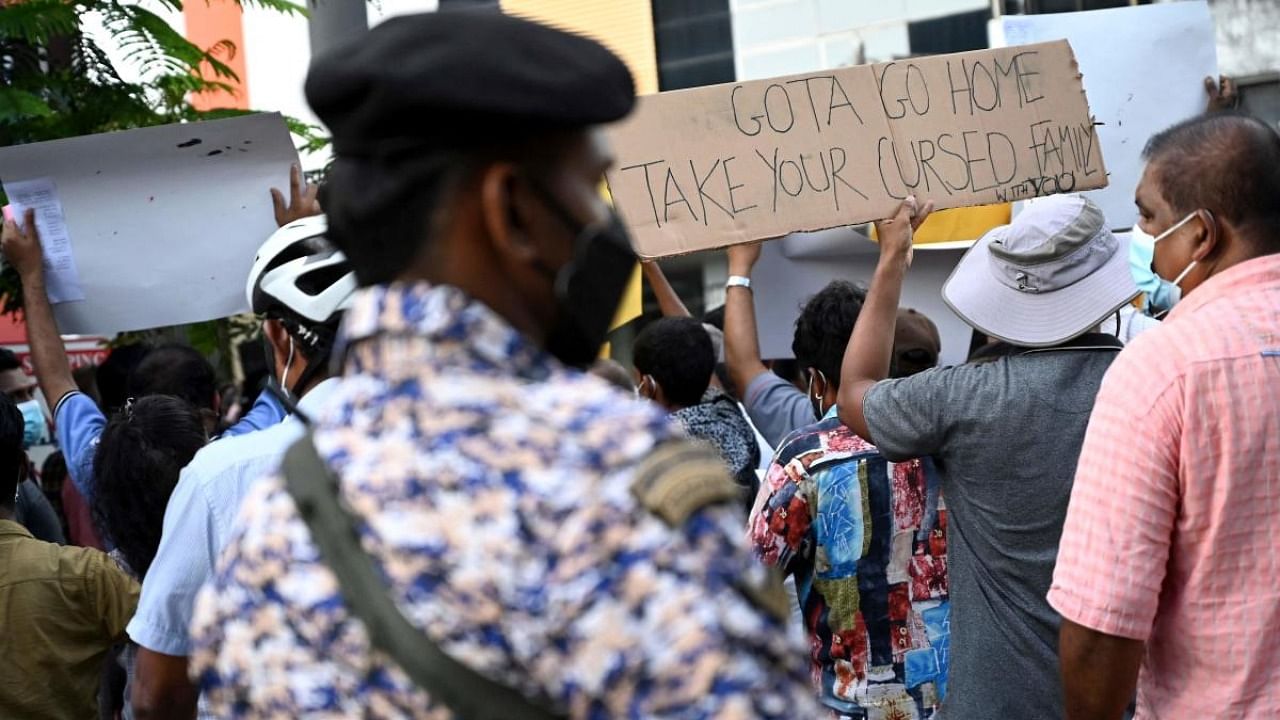 Sri Lankan activists take part in a demonstration outside the US embassy in Colombo on April 7, 2022, denouncing the government of President Gotabaya Rajapaksa who renounced his US citizenship in 2019 to contest elections. Credit: AFP Photo