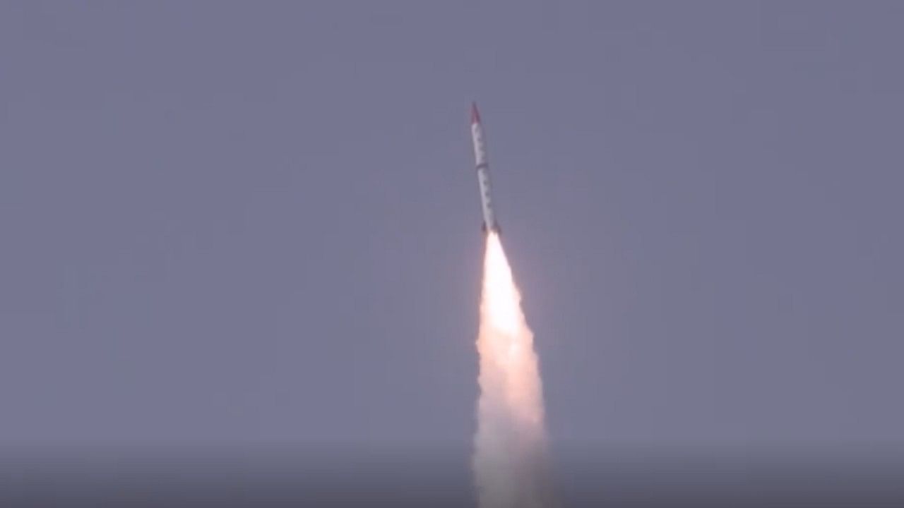 Screengrab from flight test of the surface-to-surface medium-range ballistic missile Shaheen-III video. Credit: ANI video