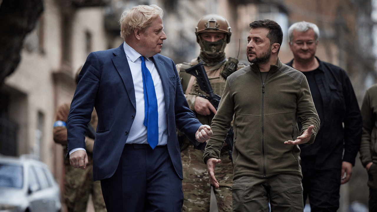 Ukraine's President Zelenskiy welcomes British PM Johnson. Credit: Reuters Photo