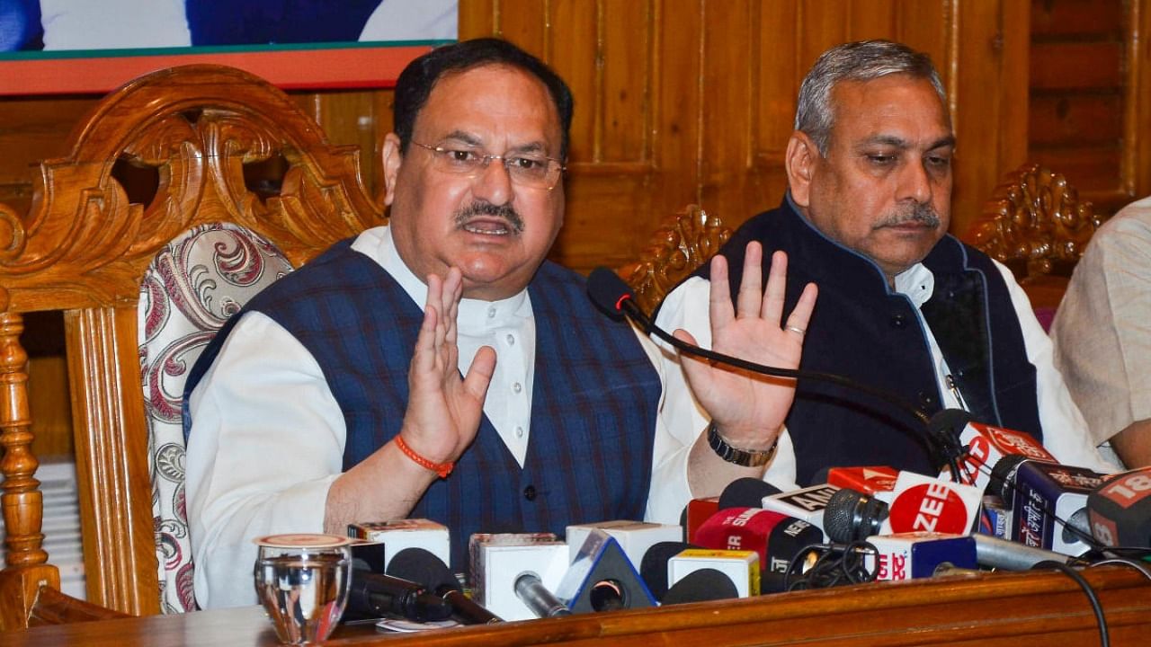 BJP National President J P Nadda addresses a press conference, in Shimla. Credit: PTI Photo