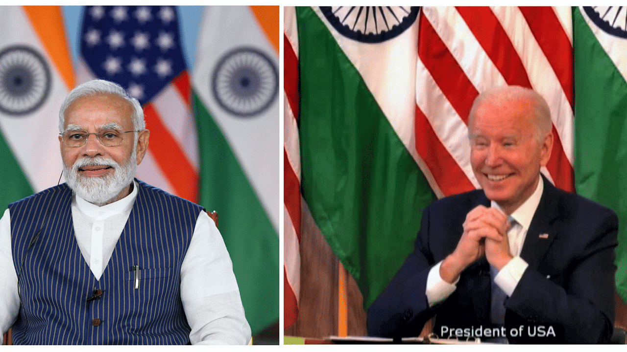 Prime Minister Narendra Modi with US President Joe Biden during the India-US virtual summit. Credit: PTI Photo