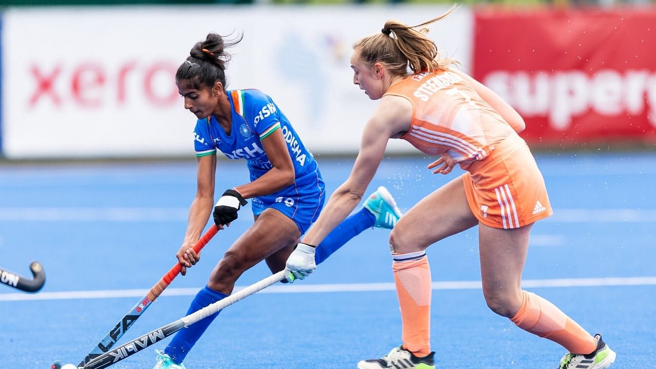 A still from the semi-final of the FIH Hockey Women's Junior World Cup match between the India and the Netherlands. Credit: Twitter/@TheHockeyIndia