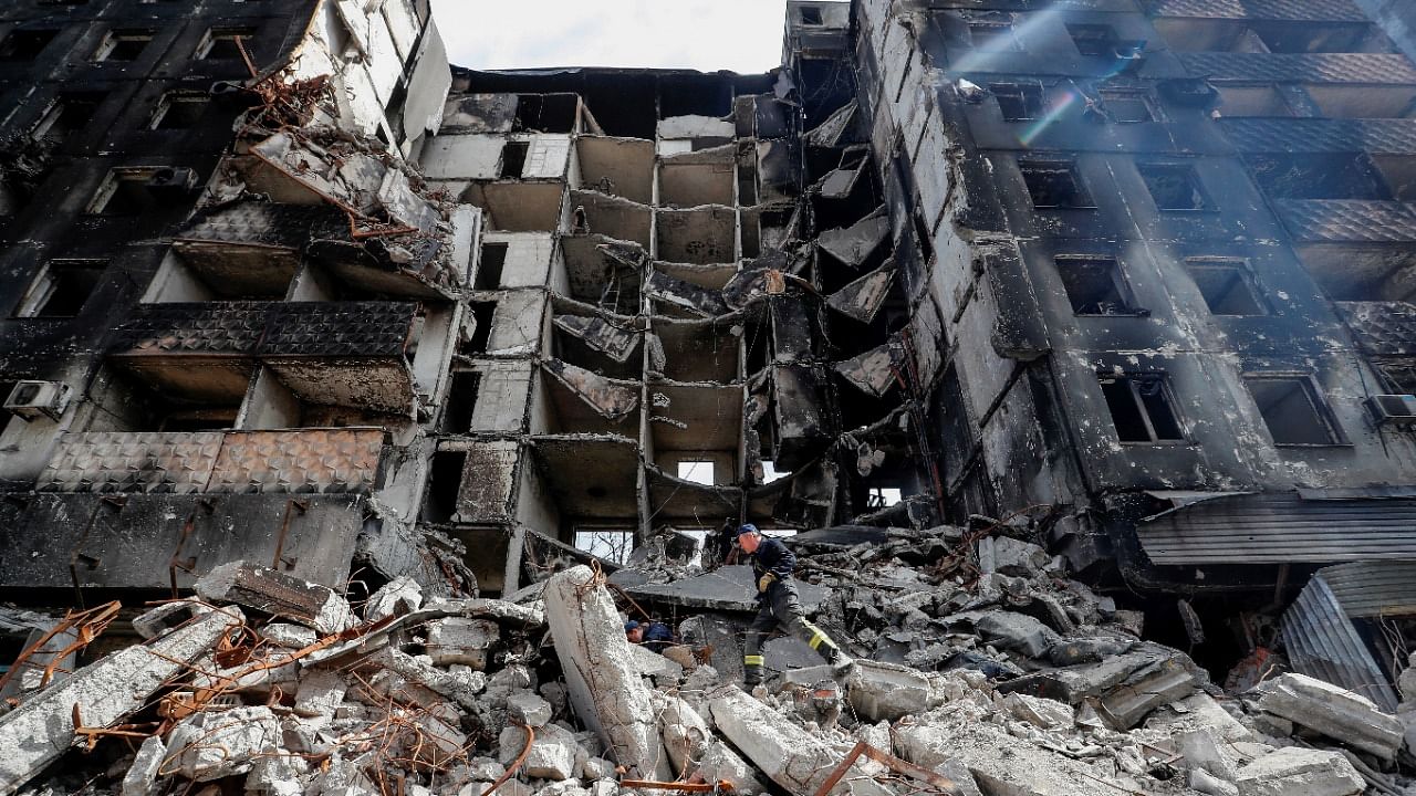 A view of a building laid to waste by Russian shelling in Mariupol. Credit: Reuters Photo