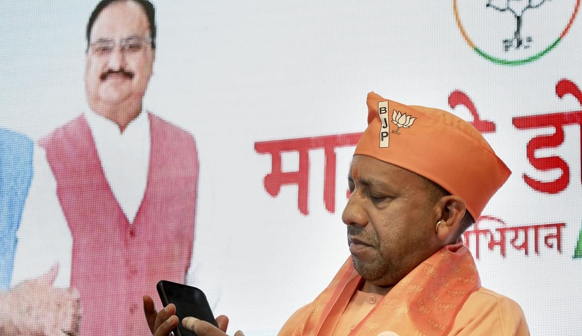 Uttar Pradesh Chief Minister and BJP leader Yogi Adityanath during an event to celebrate the party's Foundation Day, at the party office in Lucknow. Credit: PTI