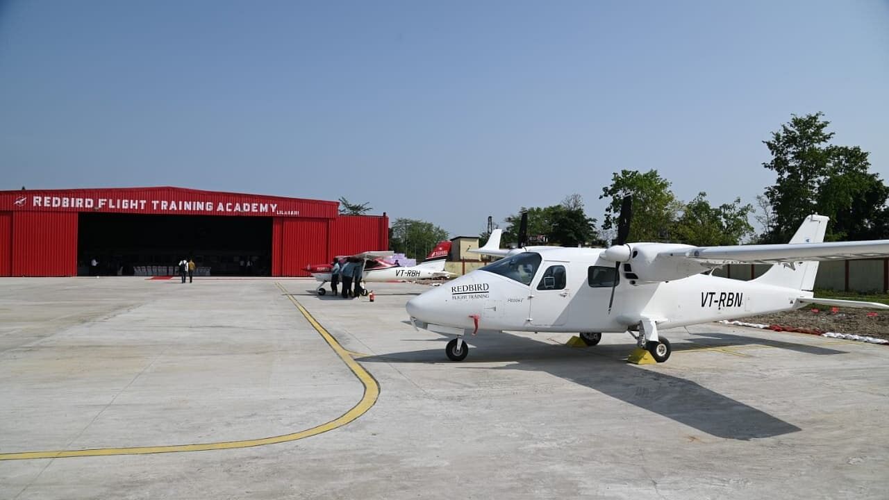 Civil Aviation Minister Jyotiraditya Scindia, Union Law Minister Kiren Rijiju and Assam Chief Minister Himanta Biswa Sarma formally declared the Redbird Flight Training Academy open. Credit: Twitter/@himantabiswa