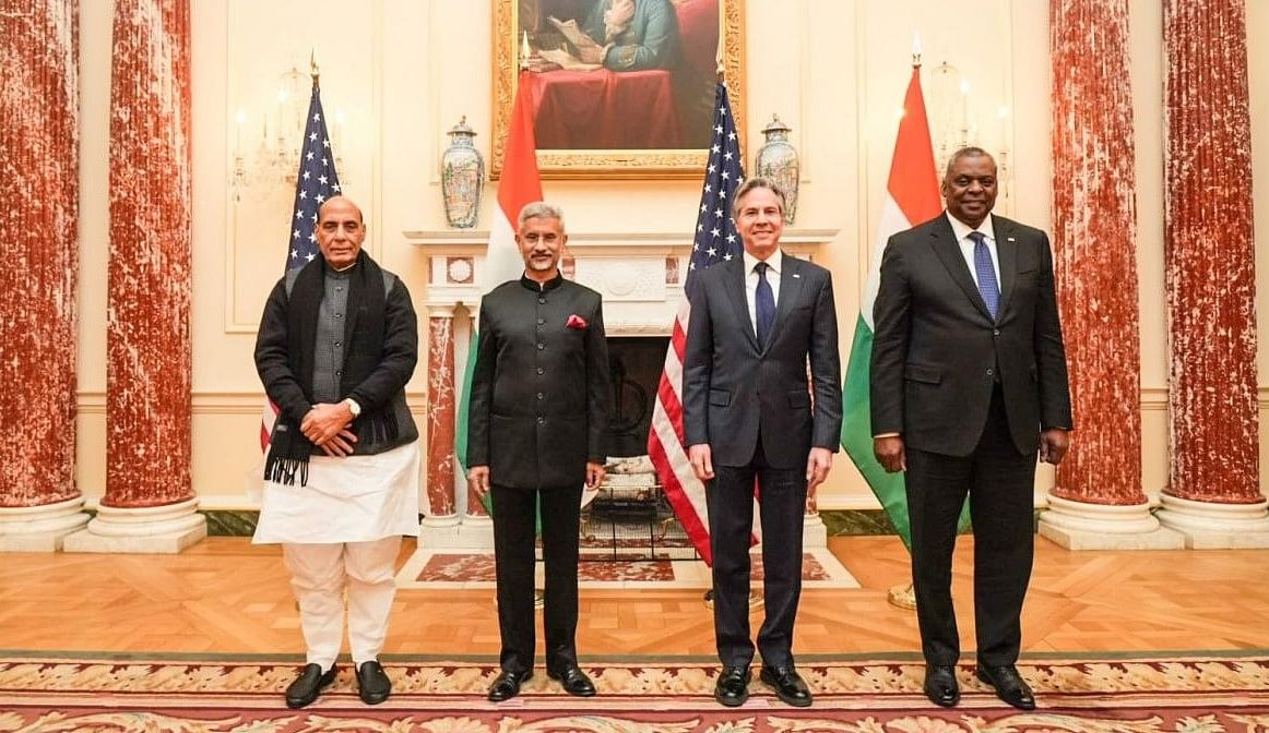 (L-R) Union Defence Minister Rajnath Singh, EAM Dr. S. Jaishankar, US Secretary of State Antony Blinken and US Secretary of Defence Lloyd James Austin III, at the 2+2 Ministerial Meeting in Washington DC. Credit: IANS