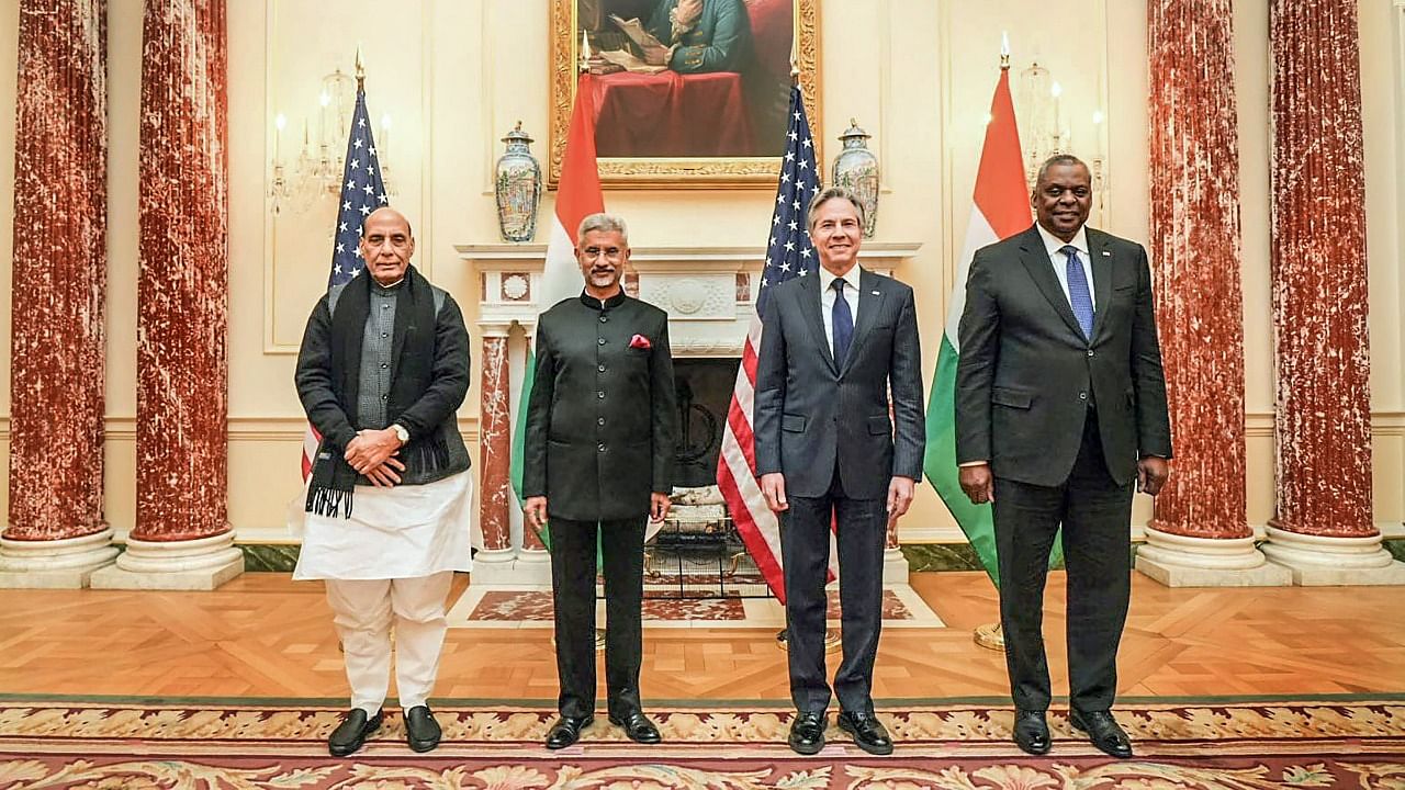 (L-R) Defense Minister Rajnath Singh, External Affairs Minister S Jaishankar, US Secretary of State Antony Blinken and US Defense Secretary Lloyd Austin. Credit: Twitter/@RajnathSingh