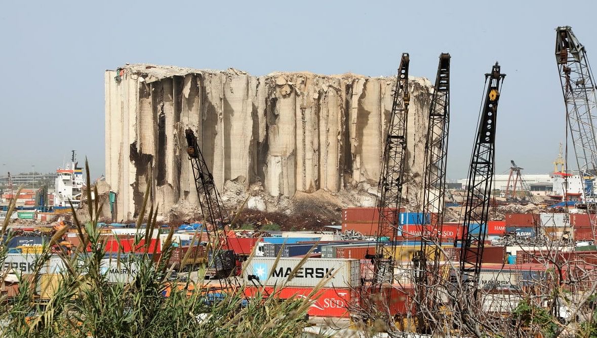 A general view shows the grain silo damaged during the 2020 Beirut port explosion in Beirut. Credit: Reuters